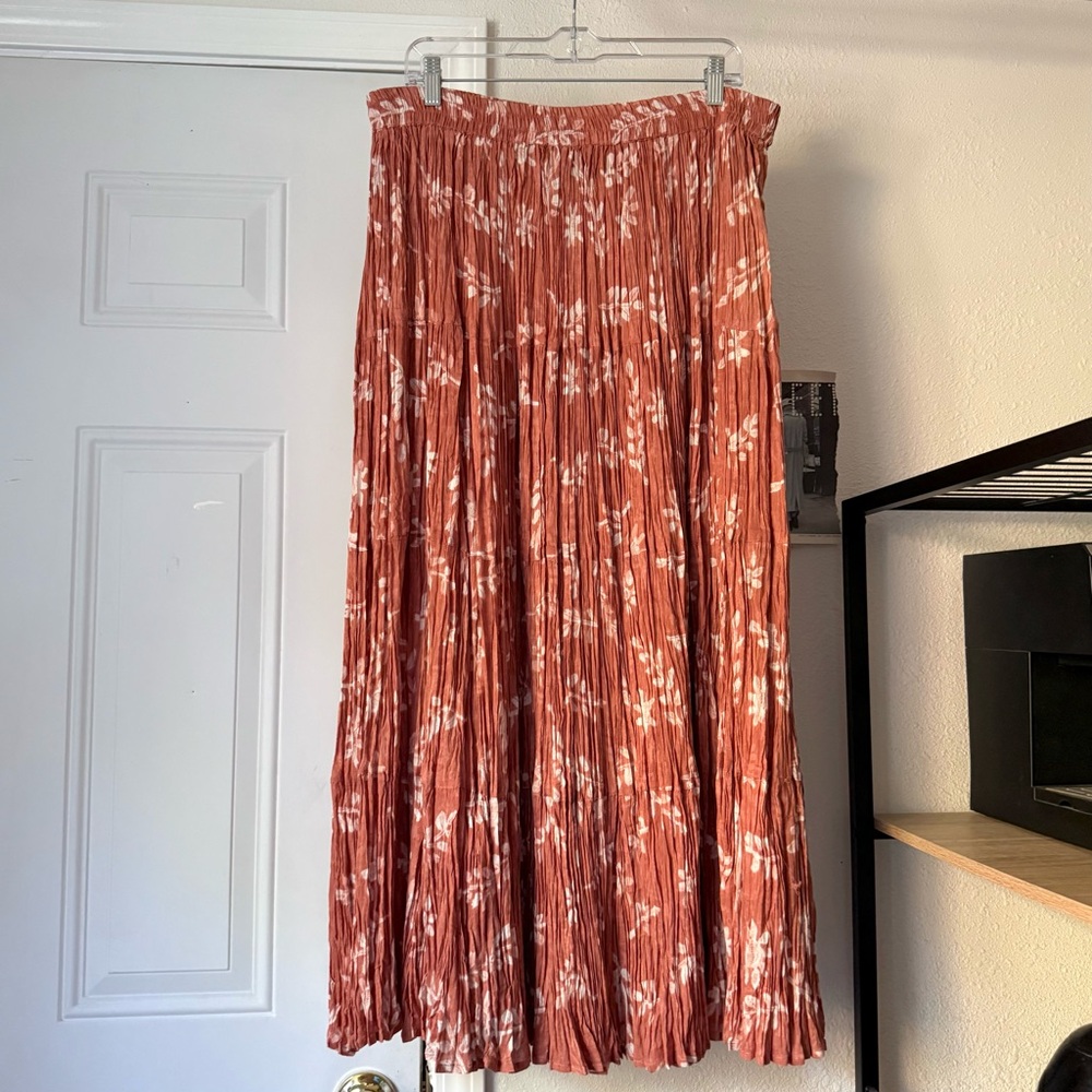 PHOOL clay‎ floral cotton pleated tiered Hawaiian elastic waist midi full skirt